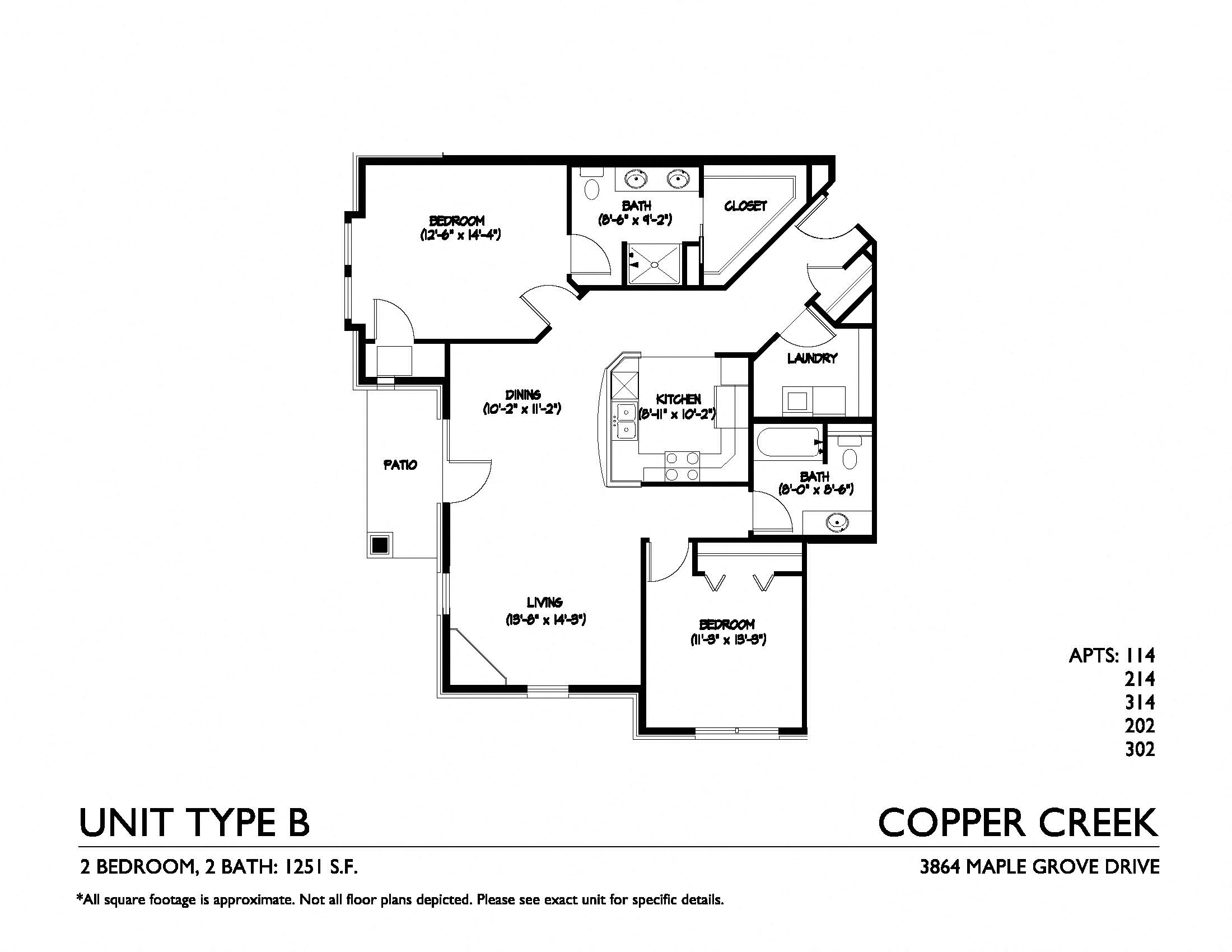 Floor plan for 2 beds, 2 baths, 1251 sqft